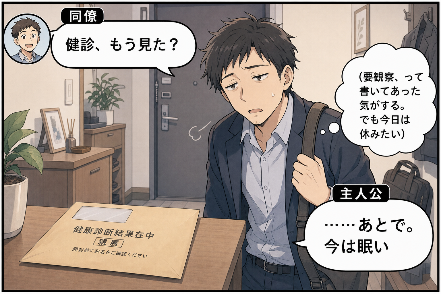 同僚「健診、もう見た？」主人公「……あとで。今は眠い」