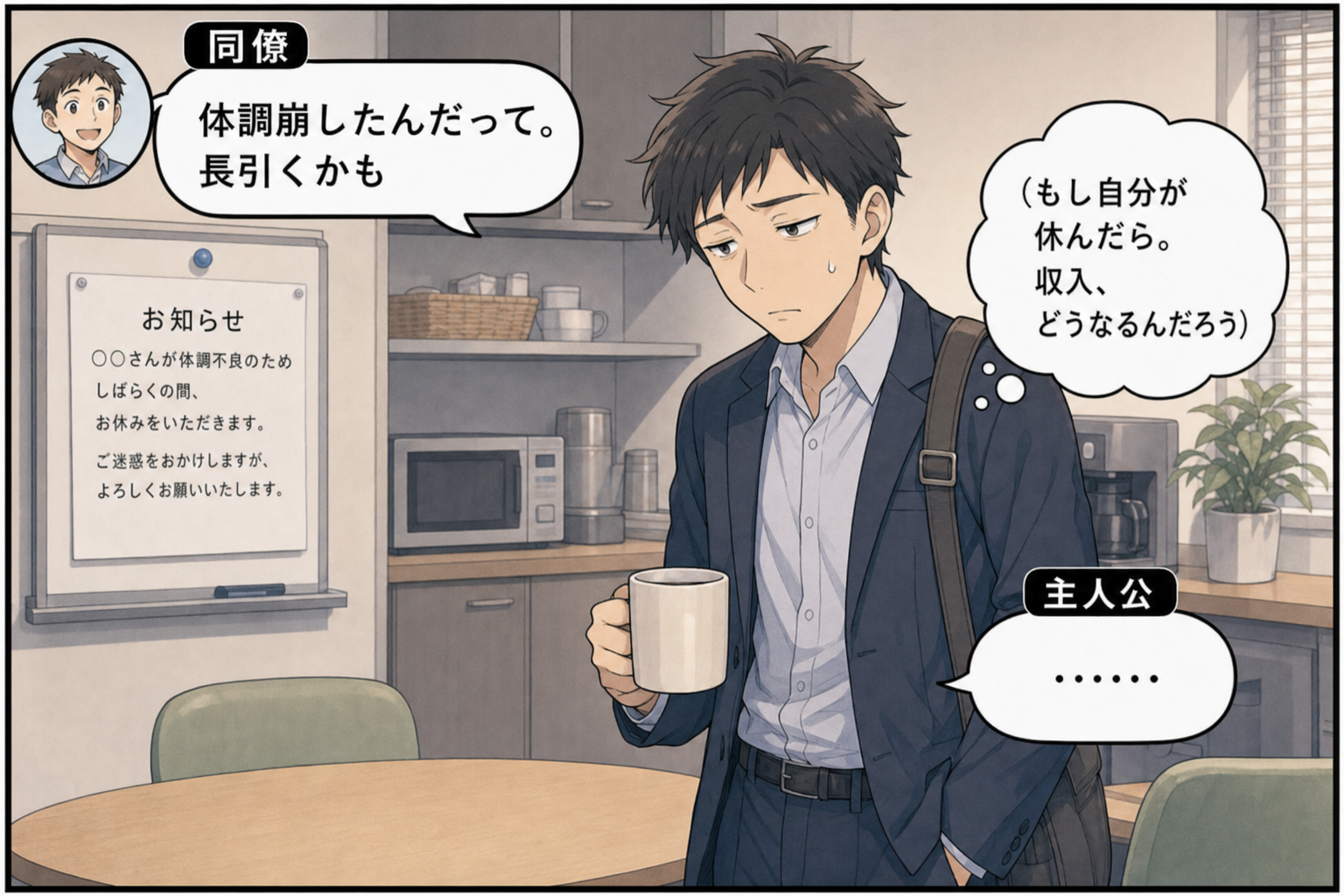同僚「体調崩したんだって。長引くかも」